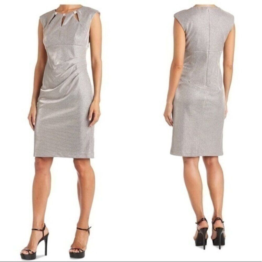 Size 14 R&M Richards Embellish Neck Metallic Sheath Dress